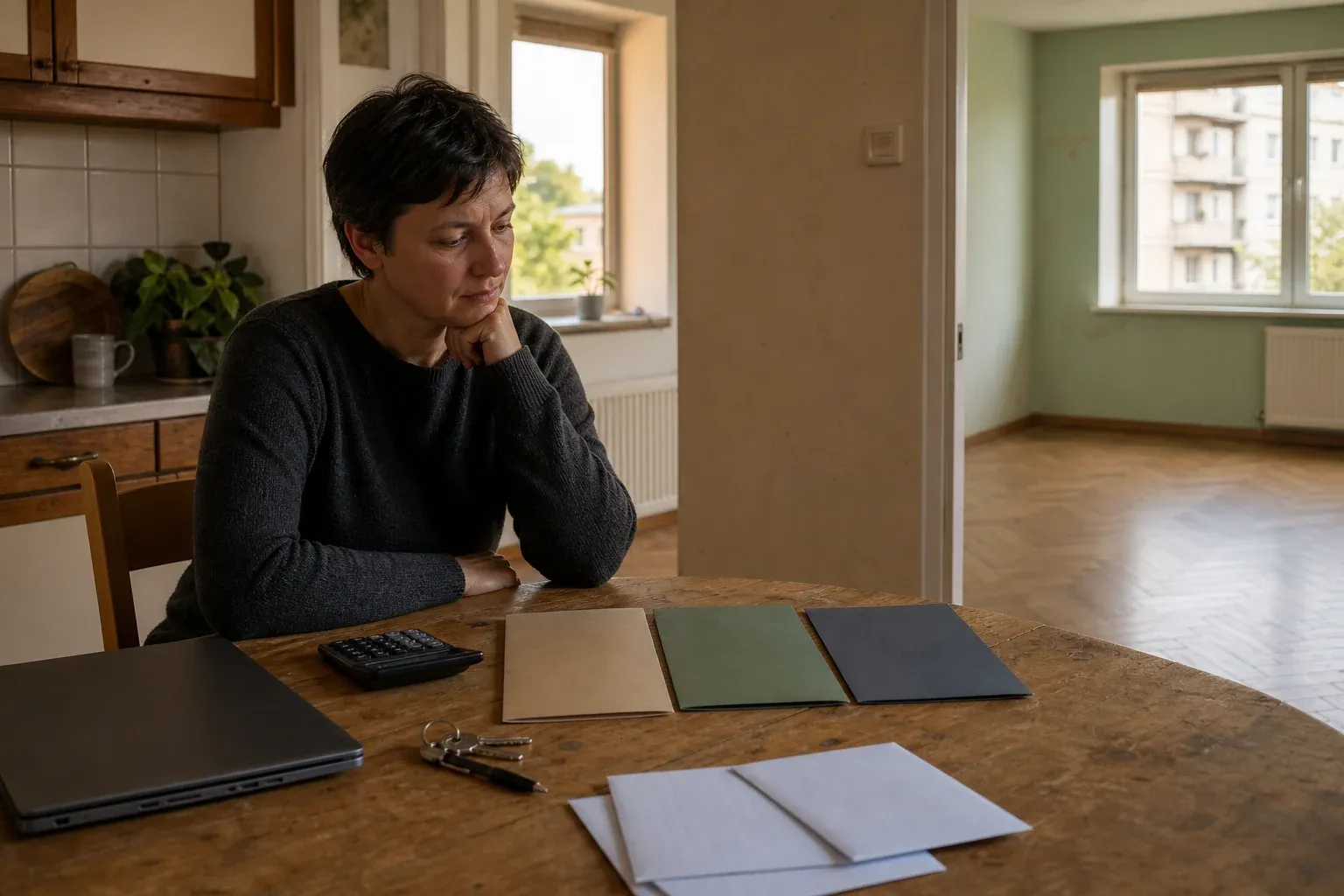 Buto savininkė prie stalo vertina laikymo, nuomos ir pardavimo pasirinkimus