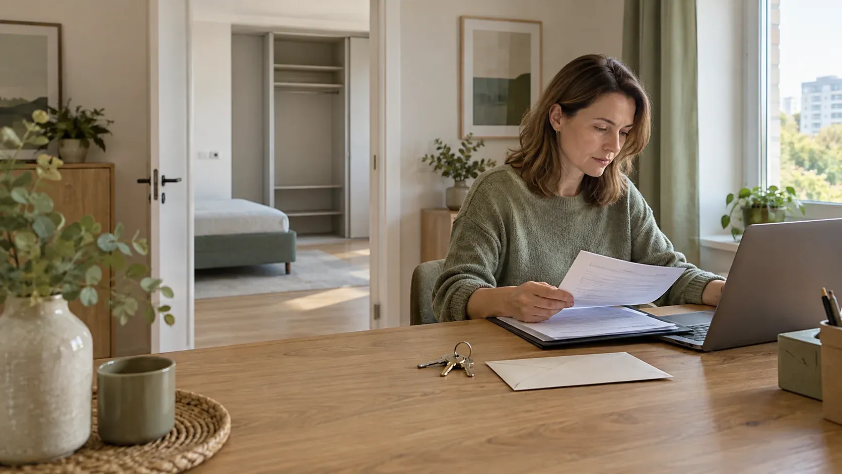 An apartment owner checks documents on a computer beside returned keys, with an empty wardrobe visible through the doorway