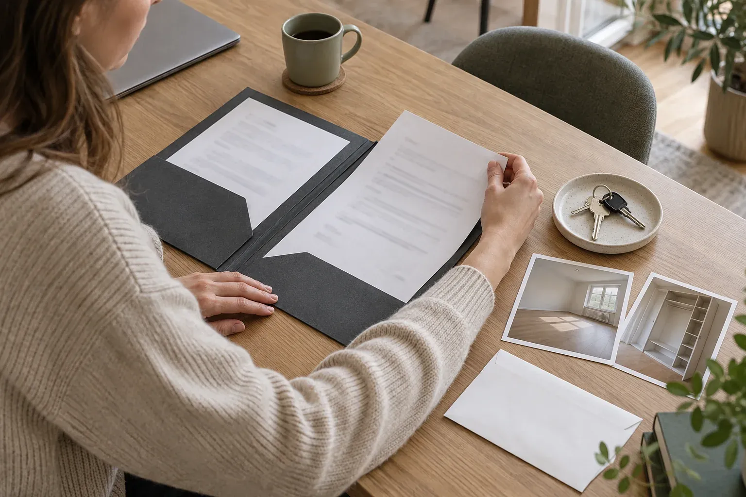 An owner places documents in a folder beside returned keys and photographs of an empty room and wardrobe