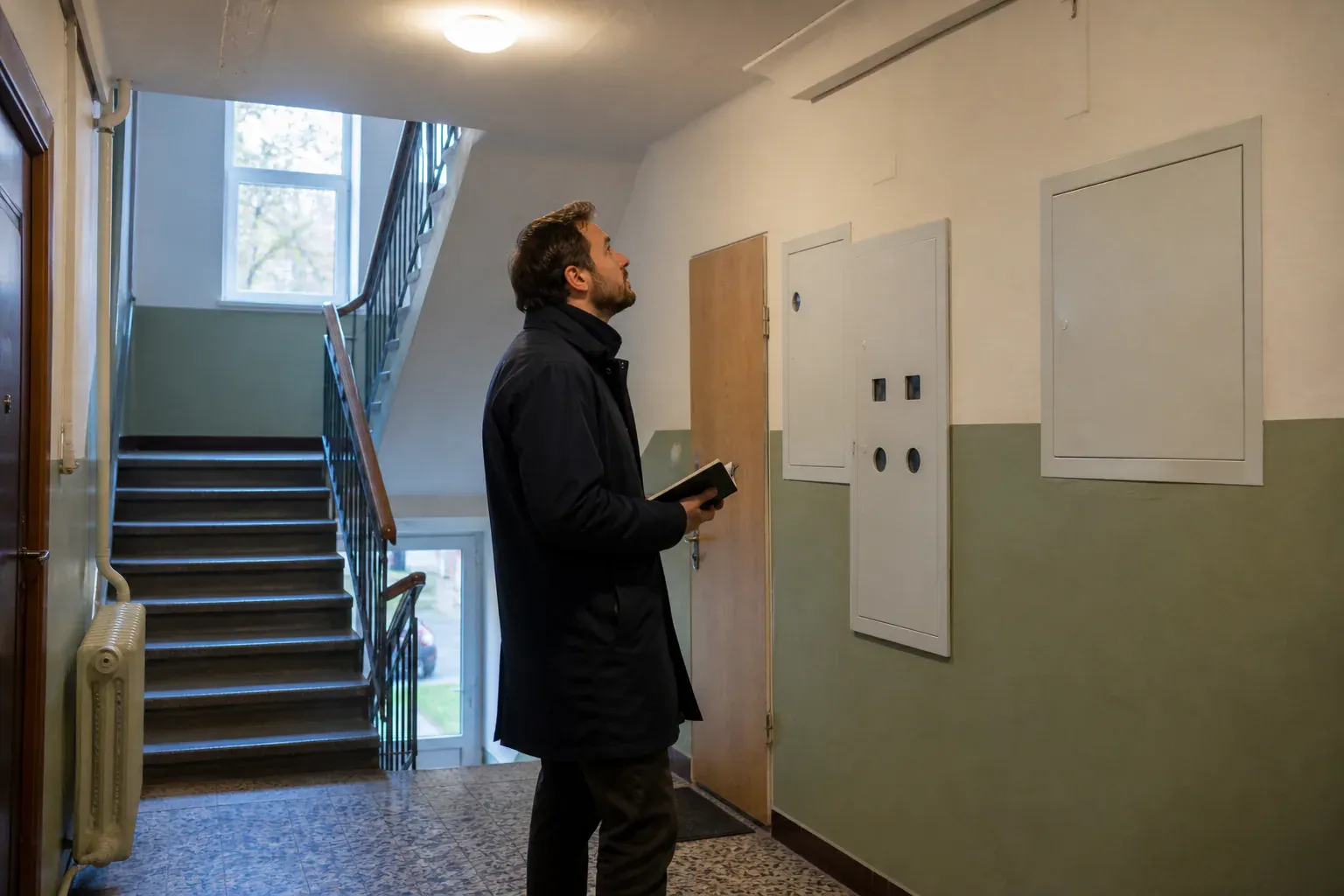 Buto pirkėjas apžiūri daugiabučio laiptinę, bendras konstrukcijas ir inžinerines spintas