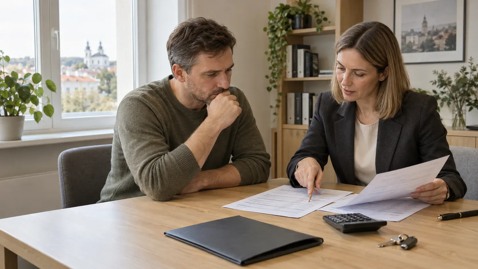 A property specialist and buyer review transaction-cost documents beside a calculator and apartment keys