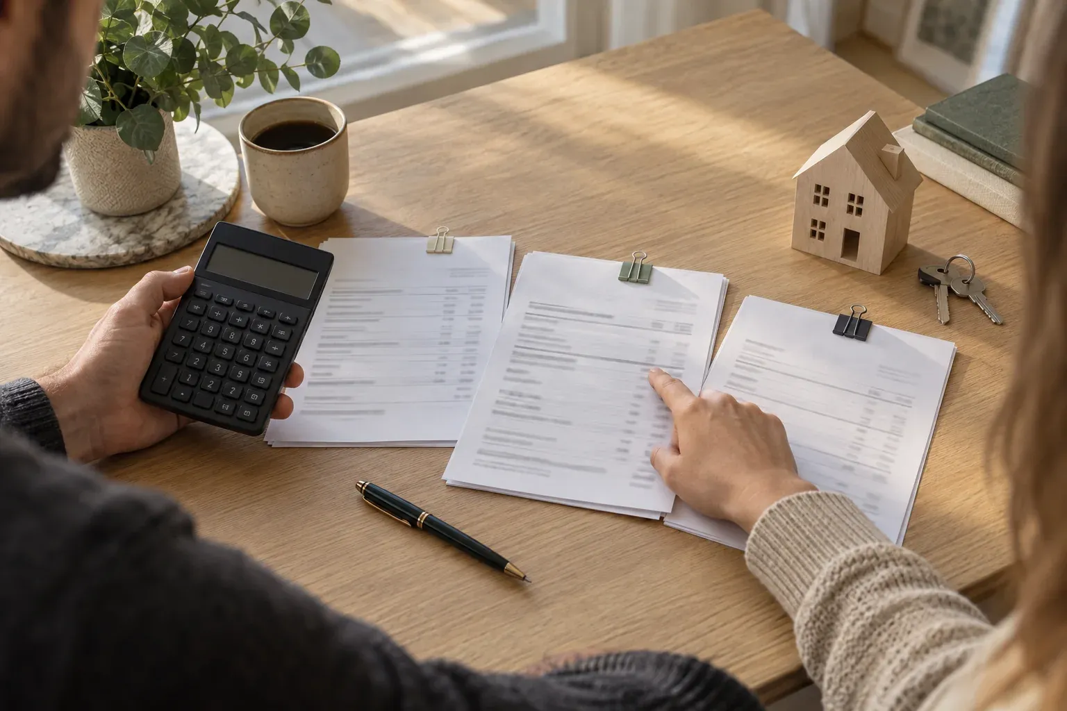 Separate transaction-cost documents beside a calculator, a wooden model house and apartment keys