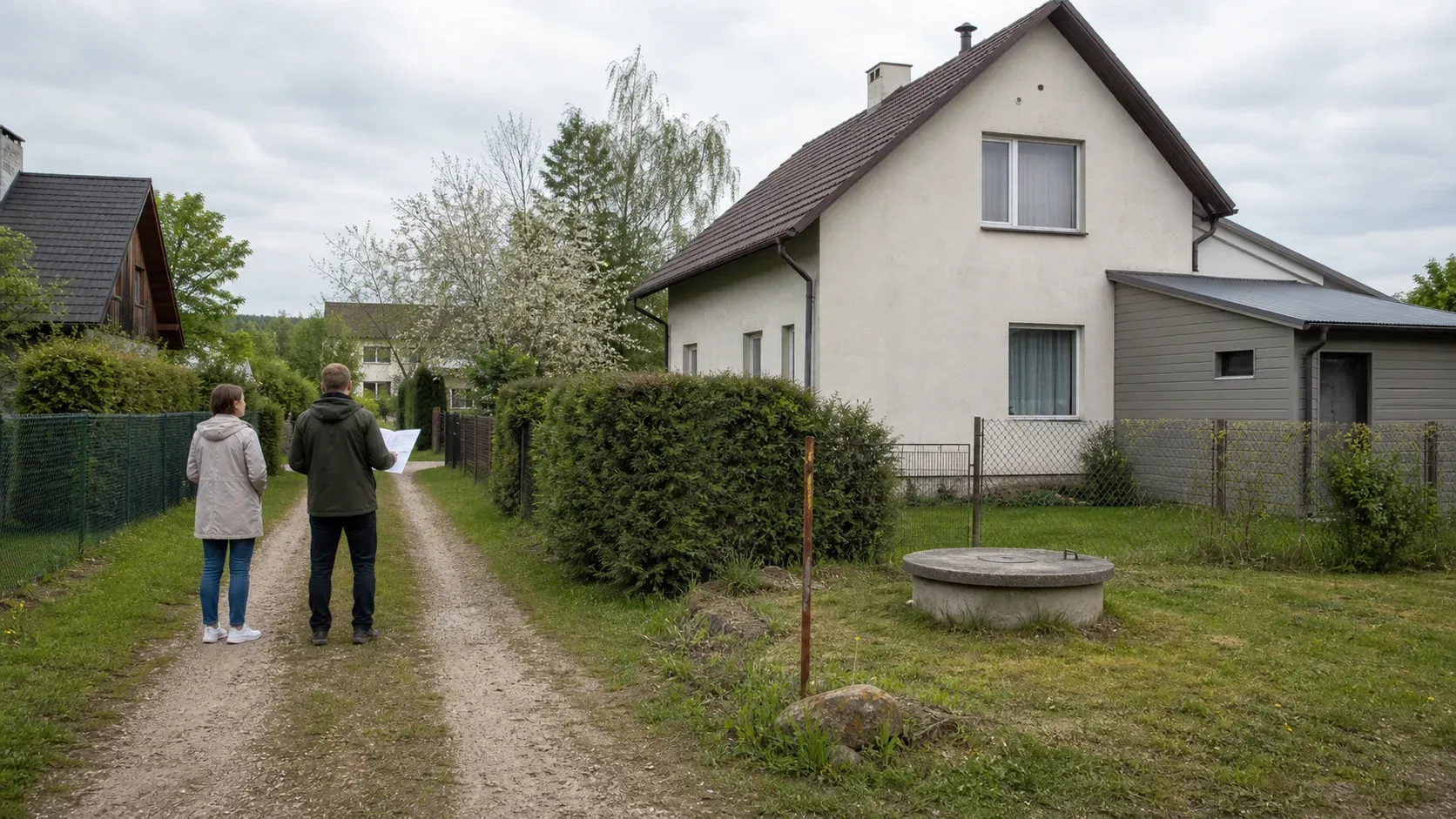 Pirkėjai apžiūri namą, privažiavimo kelią, šulinį ir sklypo riboženklį