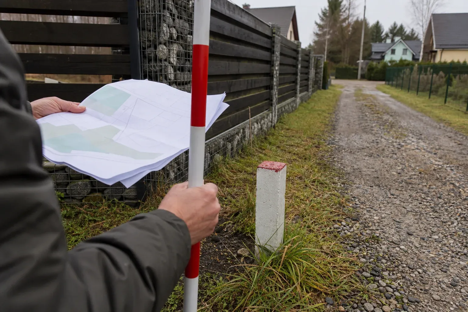 Matininkas prie riboženklio lygina sklypo planą su žvyrkeliu
