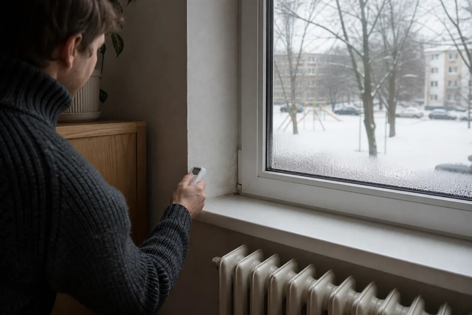 Butas žiemą: savininkas tikrina temperatūrą prie aprasojusio lango ir radiatoriaus