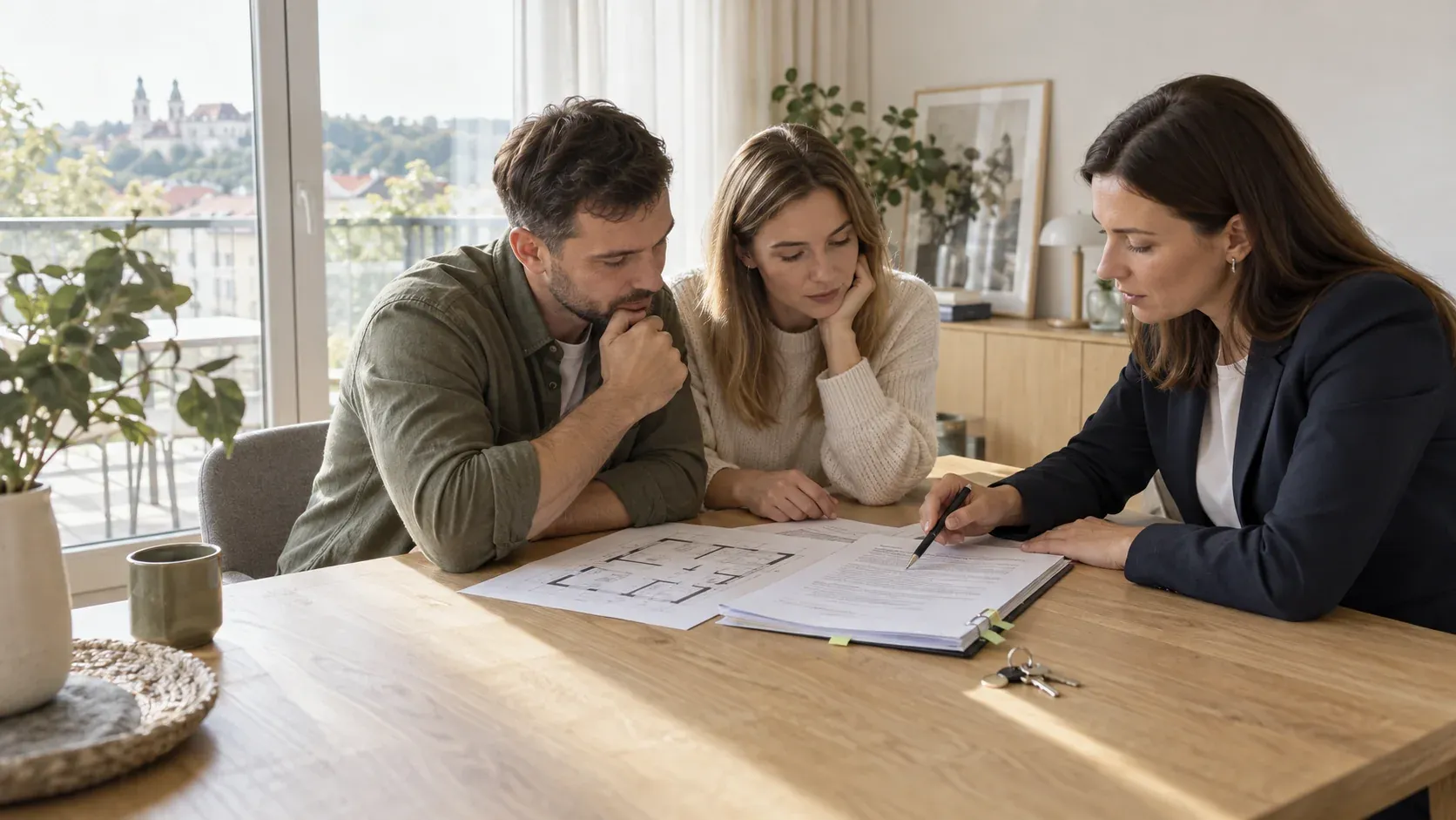 A couple and a property specialist review a preliminary property agreement beside an apartment plan and keys