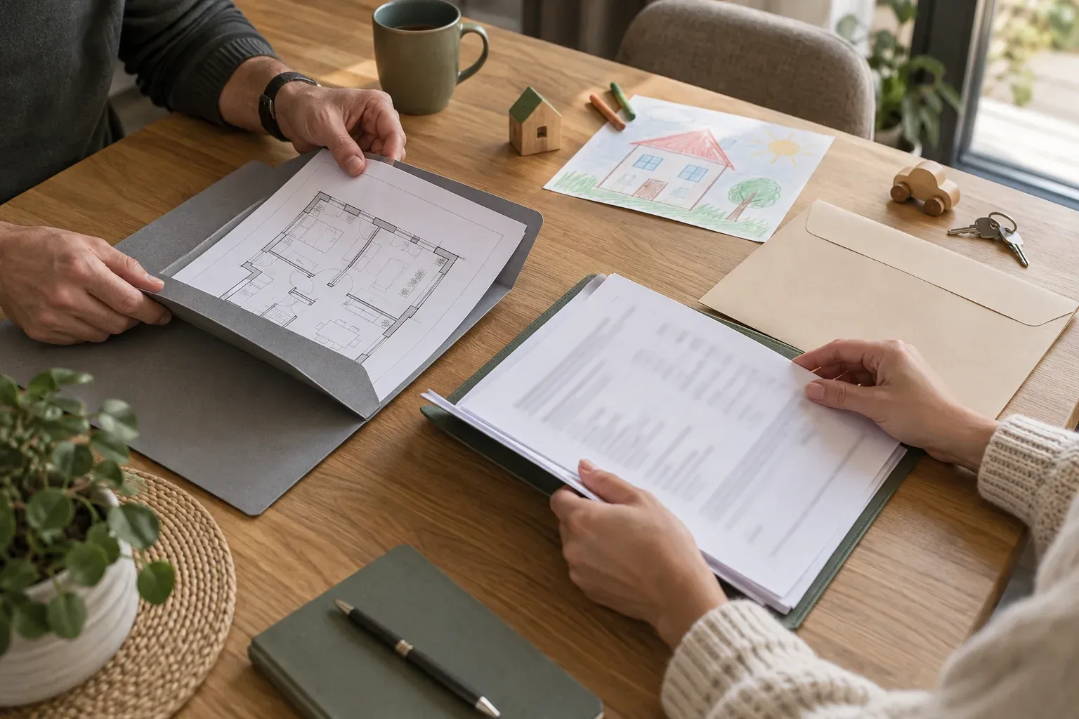 Parents organise an apartment plan and document folders beside a child’s drawing of a house, wooden toys and keys
