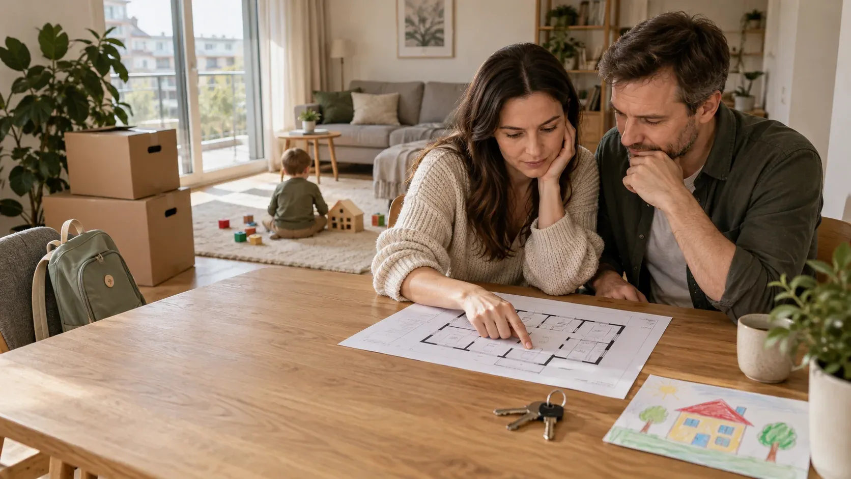 Parents review the plan for a new apartment while a child plays beside moving boxes; keys and a child’s drawing lie on the table